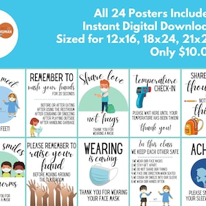 Comprehensive COVID-19 Classroom Health & Safety 24-Poster Bundle. Instant Download. Whimsical Prints/Posters. Welcome Kids Back with Love.