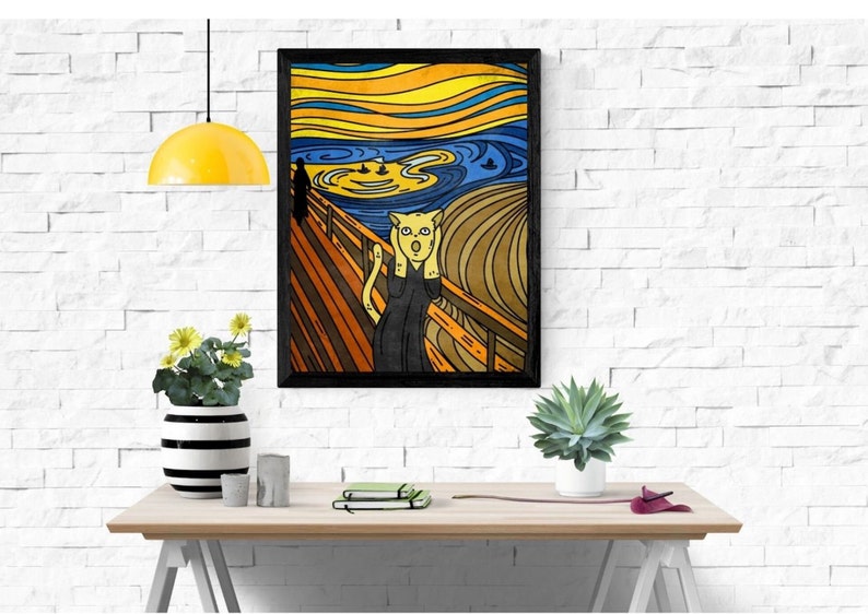 Edvard Munch Parody, The Scream Cat Parody, Expressionist Painting, Digital Wall Art, Instant Download, Cat Parody Art, Cat Cartoon Art image 5