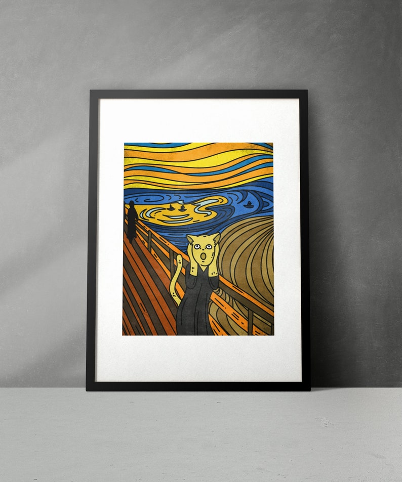 Edvard Munch Parody, The Scream Cat Parody, Expressionist Painting, Digital Wall Art, Instant Download, Cat Parody Art, Cat Cartoon Art image 1