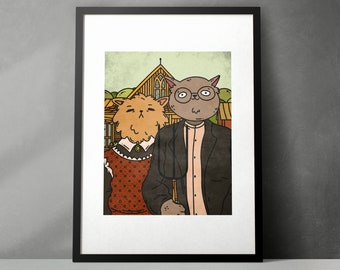 American Gothic Parody, Cats American Gothic, Cat Art, Grant Wood Art, 20th Century Art, Instant Download, Wall Art, Gift for Cat Lover