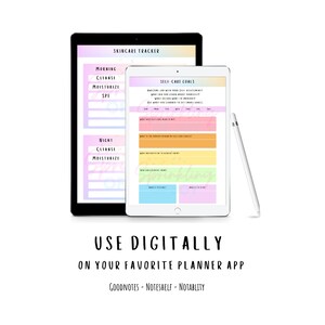 以下が含まれることがあります： 虹色のグラデーションの背景を持つタブレットに2つのデジタルプランナーが表示されています。左側のプランナーは、朝と夜のルーチン用のセクションを持つスキンケアトラッカーです。右側のプランナーは、さまざまなカテゴリのセクションを持つセルフケア目標用です。画像のテキストは「SKINCARE TRACKER」、「MORNING」、「CLEANSE」、「MOISTURIZE」、「SPE」、「NIGHT」、「CLEANSE」、「MOISTURIZE」、「SELF-CARE GOALS」、「sprinkling」、「USE DIGITALLY」、「ON YOUR FAVORITE PLANNER APP」、「GOODNOTES - NOTESHELF - NOTABLITY」です。