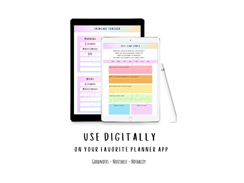 以下が含まれることがあります： 虹色のグラデーションの背景を持つタブレットに2つのデジタルプランナーが表示されています。左側のプランナーは、朝と夜のルーチン用のセクションを持つスキンケアトラッカーです。右側のプランナーは、さまざまなカテゴリのセクションを持つセルフケア目標用です。画像のテキストは「SKINCARE TRACKER」、「MORNING」、「CLEANSE」、「MOISTURIZE」、「SPE」、「NIGHT」、「CLEANSE」、「MOISTURIZE」、「SELF-CARE GOALS」、「sprinkling」、「USE DIGITALLY」、「ON YOUR FAVORITE PLANNER APP」、「GOODNOTES - NOTESHELF - NOTABLITY」です。