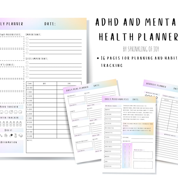 Mental Health Planner, Digital Planner, Printable Planner, Digital Planner iPad, Digital Planner Goodnotes, Digital Planner Undated, ADHD