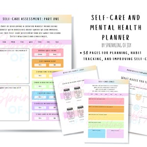 May include: A self-care and mental health planner with a rainbow gradient cover. The planner includes 38 pages for planning, habit tracking, and improving self-care. The cover features the text "Self-Care and Mental Health Planner" and "By Sprinkling of Joy".