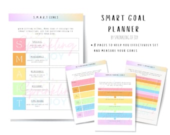 Può includere: Un planner stampabile con uno sfondo sfumato arcobaleno. Il planner è intitolato "SMART GOAL PLANNER" e include l'acronimo "SMART" con domande per aiutarti a fissare obiettivi. Il planner è di "Sprinkling of Joy".