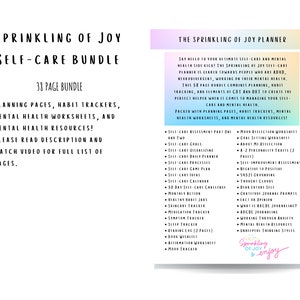 以下が含まれることがあります： ピンクとブルーの印刷可能なプランナーで、「The Sprinkling of Joy Planner」というテキストと、セルフケアとメンタルヘルスのリソースのリストが記載されています。このプランナーには、38ページのプランニングページ、習慣トラッカー、メンタルヘルスのワークシート、メンタルヘルスのリソースが含まれています。