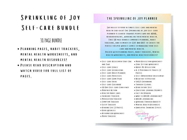 以下が含まれることがあります： ピンクとブルーの印刷可能なプランナーで、「The Sprinkling of Joy Planner」というテキストと、セルフケアとメンタルヘルスのリソースのリストが記載されています。このプランナーには、38ページのプランニングページ、習慣トラッカー、メンタルヘルスのワークシート、メンタルヘルスのリソースが含まれています。