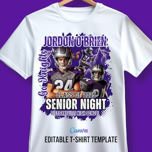 May include: White t-shirt with a purple and white design featuring a football player in a purple jersey with the number 24. The text "JORDON O'BRIEN", "Go Knights", "CLASS OF 2025", "SENIOR NIGHT", and "PLEASANTVILLE HIGH SCHOOL" is included in the design.
