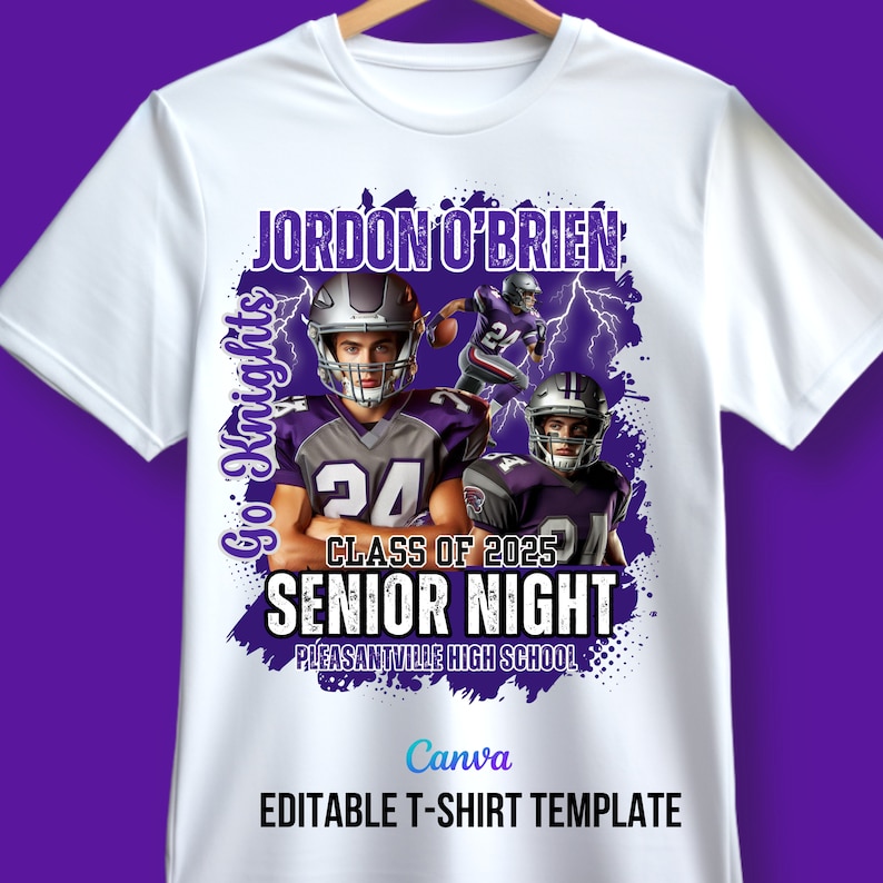 May include: White t-shirt with a purple and white design featuring a football player in a purple jersey with the number 24. The text "JORDON O'BRIEN", "Go Knights", "CLASS OF 2025", "SENIOR NIGHT", and "PLEASANTVILLE HIGH SCHOOL" is included in the design.