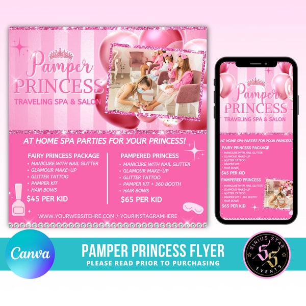 Pampered Princess Flyer, Princess Party flyer, traveling spa business, kids spa party, party rentals, Event rentals, kids birthday party