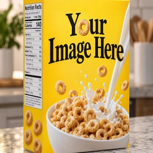 May include: A bright yellow cereal box featuring the text Your Image Here in large black letters. The front displays a white bowl filled with toasted oat rings and a splash of milk. The side panel shows a nutrition facts label with 140 calories.