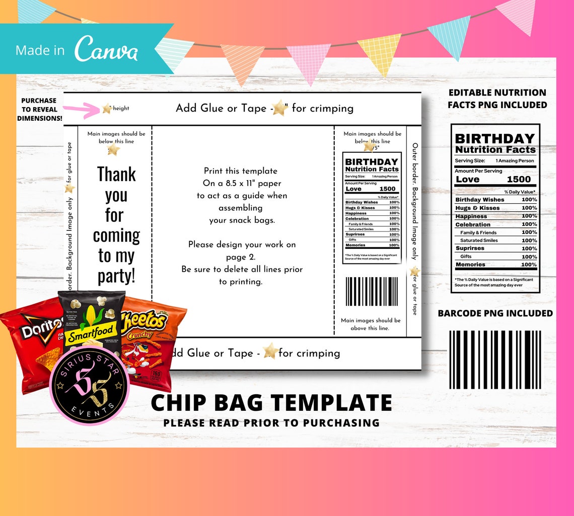 Chip Bag Template Instant Download Canva Chip Bag Template - Etsy