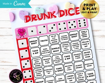 DRUNK DICE GAME , Adult 21, dice games, drinking games, drinking dice game,  Editable and print and play available