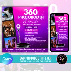Op de afbeelding: Een flyer die de verhuur van een 360-graden fotocabine promoot. De flyer heeft een roze en paarse kleurschema met een foto van een 360-graden fotocabine in het midden. De tekst op de flyer bevat de prijs voor verschillende huurperiodes, een lijst met inbegrepen diensten en contactgegevens. De flyer bevat ook de tekst "360 Photobooth Flyer" en "Lees alstublieft voor aankoop".