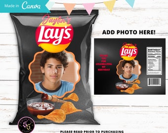 Aangepaste chipzakjes Aangepaste chiptas, gepersonaliseerde lays-tas, zakjes feestbedankjes, verjaardagsfeestje chips voor elke leeftijd, alleen digitaal bestand