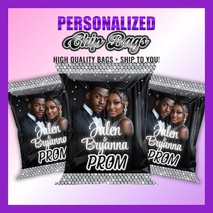 May include: Three personalized chip bags with a black background and silver glitter. Each bag features a couple's photo and the text "Jalen & Bryanna PROM".