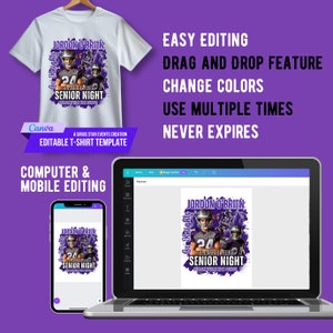 May include: Editable T-shirt template featuring a purple and white design with a football player and the text "Jordon O'Brien, Go Knights, Class of 2023, Senior Night".