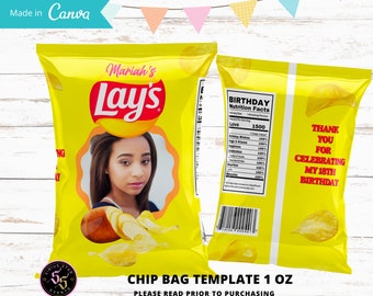 Aangepaste chipzakjes Aangepaste chiptas, gepersonaliseerde lays-tas, zakjes feestbedankjes, verjaardagsfeestje chips voor elke leeftijd, alleen digitaal bestand