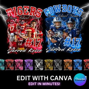 Op de afbeelding: Een digitaal ontwerp voor een T-shirt met een voetballer in een rood-wit uniform met de tekst "TIGERS" en "Your School Name" en een voetballer in een blauw-wit uniform met de tekst "COWBOYS" en "Your School Name". Het ontwerp bevat ook de tekst "#17" en "Jarrod Kelce".