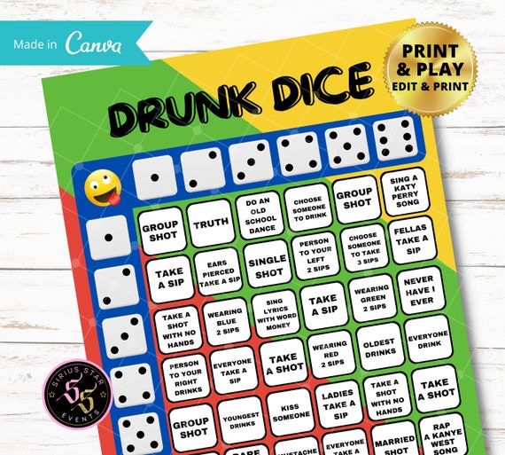 JUEGO DE DADOS BORRACHOS Juego para adultos 21 juego de mesa juegos de dados juegos de beber juego de dados para beber Editable que imprimes y