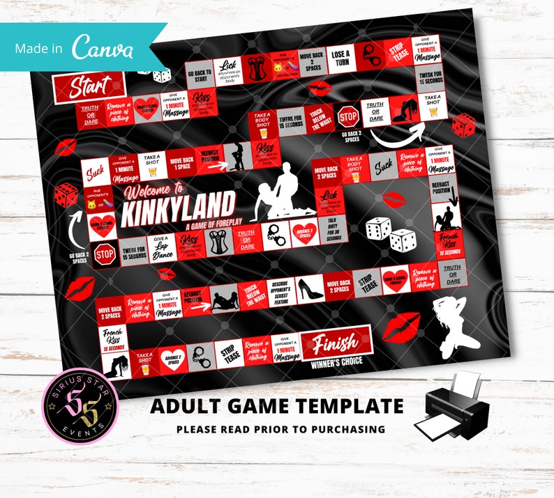 K&ouml;nnte beinhalten: Ein schwarzes und rotes Spielbrett mit dem Titel "Kinkyland: Ein Spiel der Vorfreude". Das Brett enth&auml;lt eine Vielzahl von Feldern mit verschiedenen Aktivit&auml;ten, wie "Einen Lap Dance geben", "Wahrheit oder Pflicht" und "Striptease".