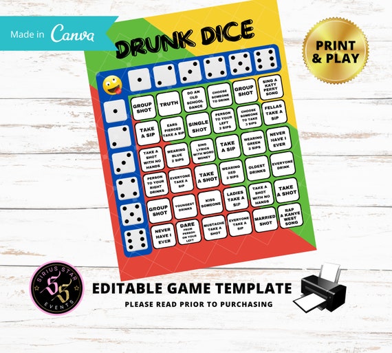 DRUNK DICE GAME , Adulte 21 sur jeu, jeu de société, jeux de dés, jeux à  boire, jeu de dés à boire, Modifiable vous imprimez et jouez disponible -   France