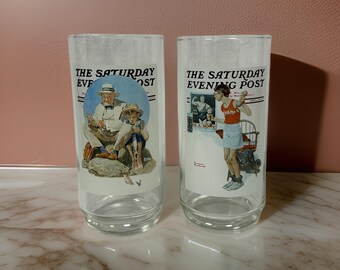 Par de vasos vintage para beber agua y té helado Norman Rockwell del Saturday Evening Post, 1987