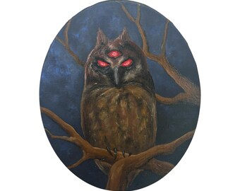 Pintura de búho estigio: óleo original sobre lienzo ovalado