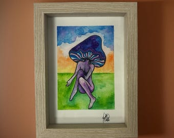La dama de los hongos n.° 2 (acuarela enmarcada)