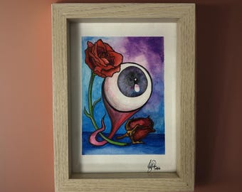 Ojo y rosa (acuarela enmarcada)