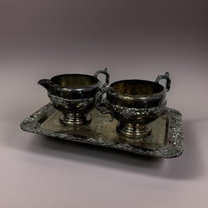 Vintage Copper Tray w/ Cream & Sugar Set (Old English Reproduction)