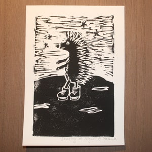 Linogravure Patinage la nuit en noir, impression à la surface, impression à l&#39;encre, art de la nature fantaisiste