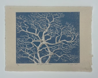 Árbol de invierno - Grabado en madera - Tallado a mano - Papel washi