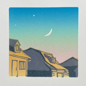 Miniatur Dorf Linoldruck: Abendplaneten, Mondsichel