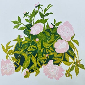 Peonies Linocut Print: Botanical Floral Art, Limited Edition