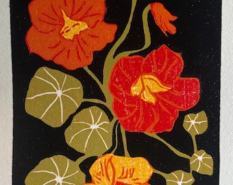 Capuchina - Grabado en madera - Método de reducción - Tallado a mano - Arte original asequible