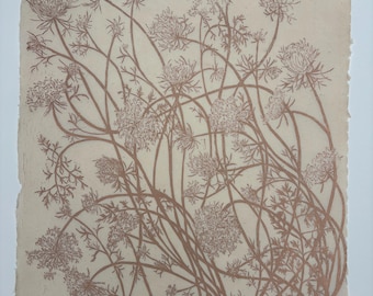 Carrot Flowers - Queen Anne’s Lace Woodcut Print - Gold Ink on Washi Paper