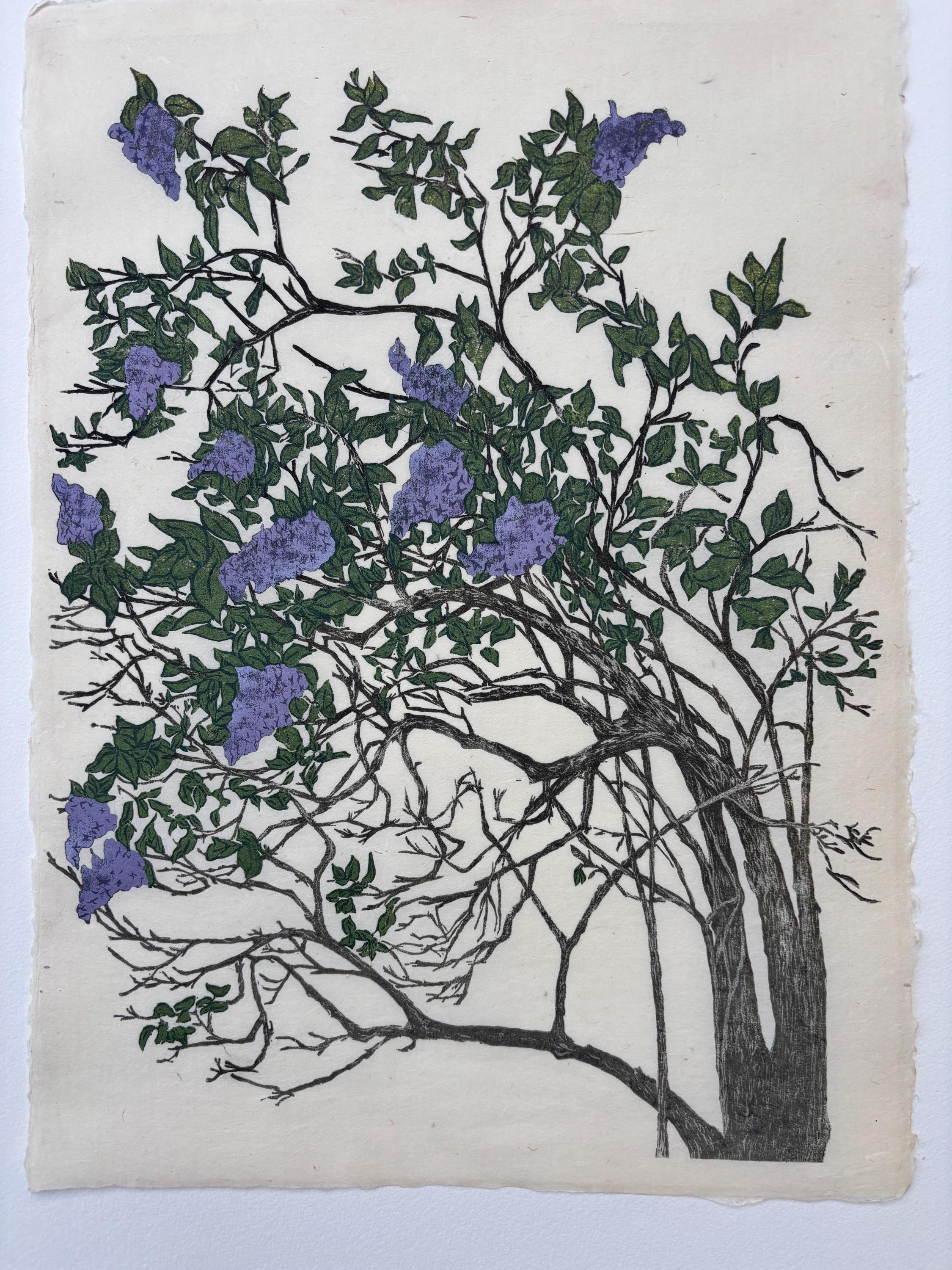 Lilac Tree Woodcut Print: Hand-Carved Reduction Art