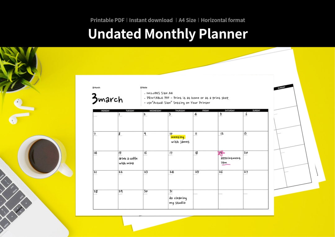 Printable Calendar, Monthly Planner, Blank, Simple, Undated Calendar ...