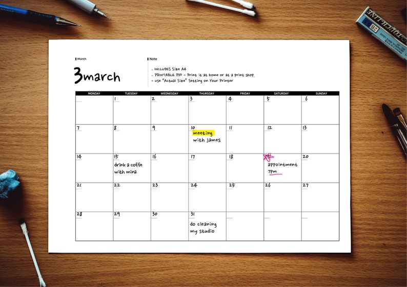 Printable Calendar, Monthly Planner, Blank, Simple, Undated Calendar ...