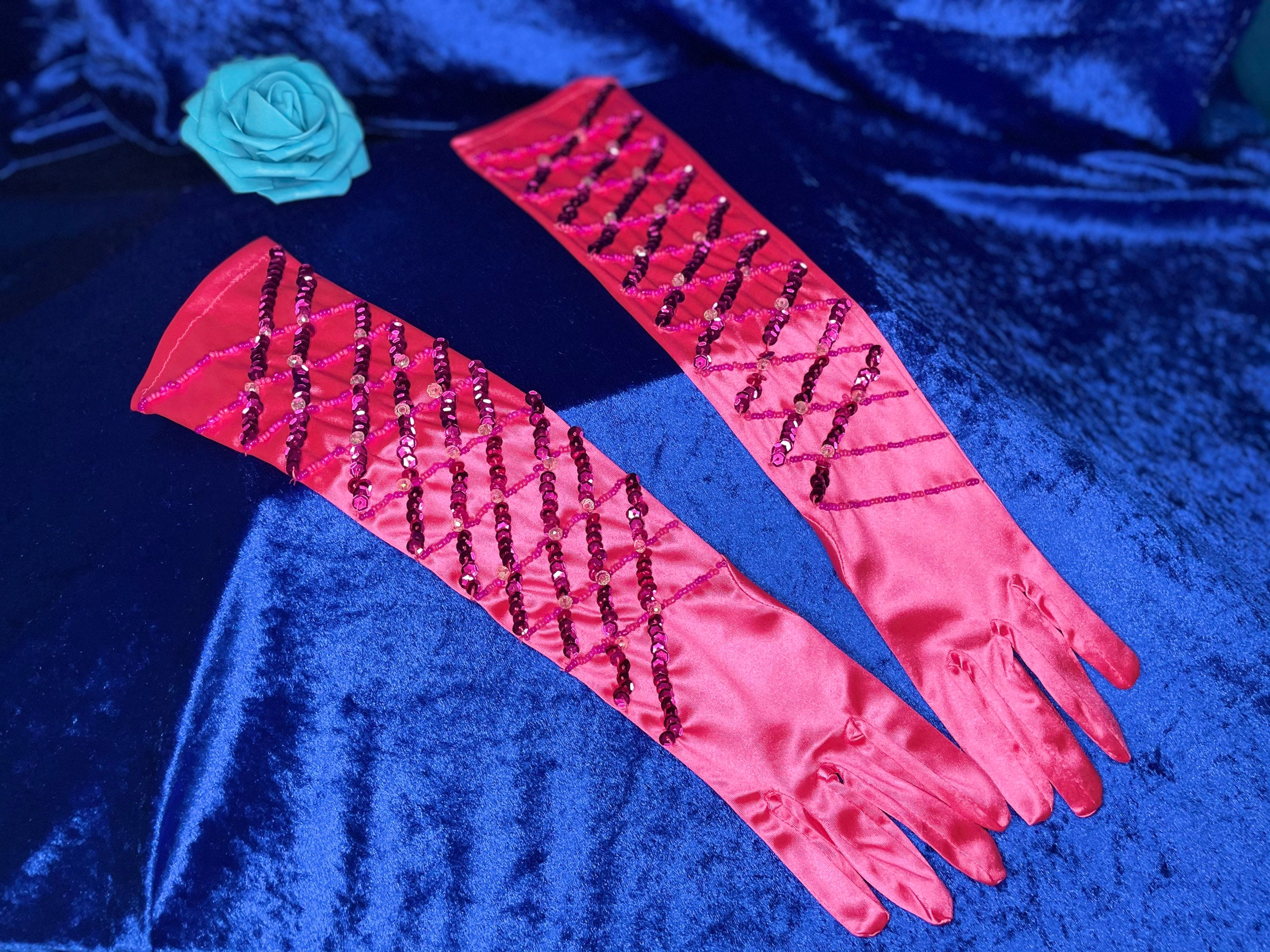 Dark Pink 17 Embellished Satin Gloves Etsy UK