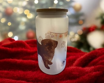 Dog Theme Personalised Glass Tumbler featuring bamboo lid and glass straw. Personalised with a picture of your own dog.