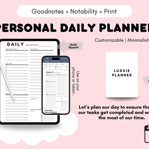 May include: A digital daily planner template with a minimalist design. The template is customizable and can be used on a phone or tablet. The template includes sections for priorities, to-do list, hourly schedule, and notes. The template also includes a section for income breakdown.