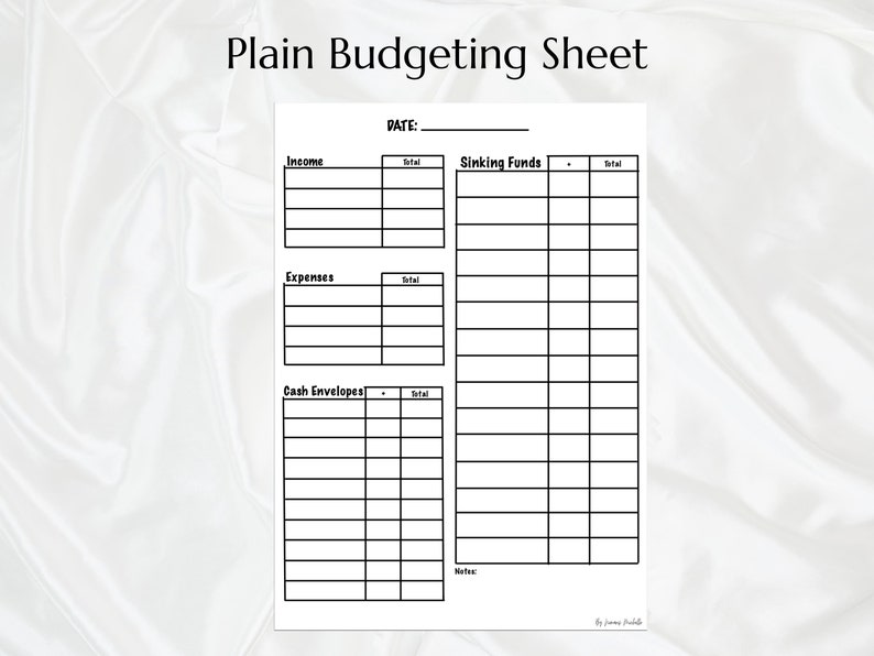 May include: A black and white printable budgeting sheet with sections for income, sinking funds, expenses, and cash envelopes. The sheet includes columns for item, amount, and total.