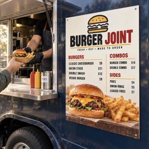 May include: A dark blue food truck features a menu sign titled BURGER JOINT with a list of burgers, combos, and sides. The sign displays prices in dollars and shows a graphic of a cheeseburger and fries. A person serves a burger and fries.