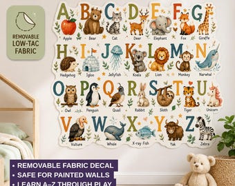Alphabet Wall Decal for Kids Room | Animals A-Z Fabric Sticker (Montessori)