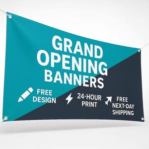 May include: A banner with the words "GRAND OPENING BANNERS" in white capital letters. The banner has a teal and navy blue color scheme. Additional text includes "FREE DESIGN" and "24-HOUR PRINT".