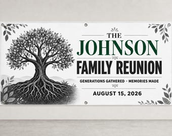 Personalized Family Reunion Banner, 13 oz Vinyl, Custom Name and Date, Grayscale Tree