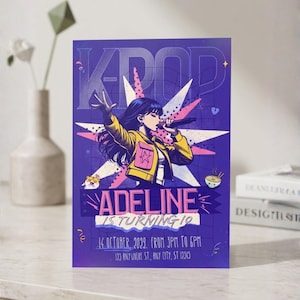 May include: A purple K-Pop themed birthday invitation featuring an illustration of a singer with a microphone. The invitation reads "Adeline is turning 10" with event details. The design includes stars and a bowl of noodles.