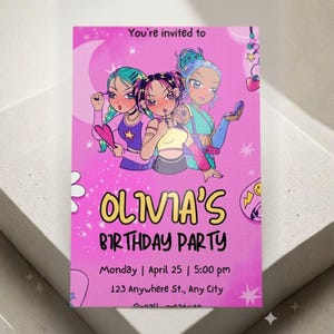 May include: A pink birthday party invitation with the text "You're invited to" at the top. The invitation features three cartoon girls and the text "OLIVIA'S BIRTHDAY PARTY". The date and time are also included.